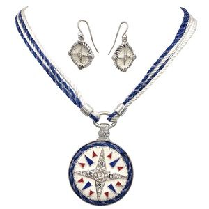 Nautical Compass Blue & White Corded Necklace & Earrings Set